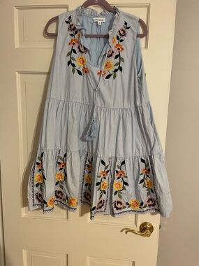 Light Blue Embroidered Sleeveless Dress